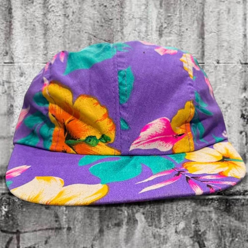 Vintage 80s Wendy’s Hawaiian Floral Snapback Hat Purple Tropical All Over Print